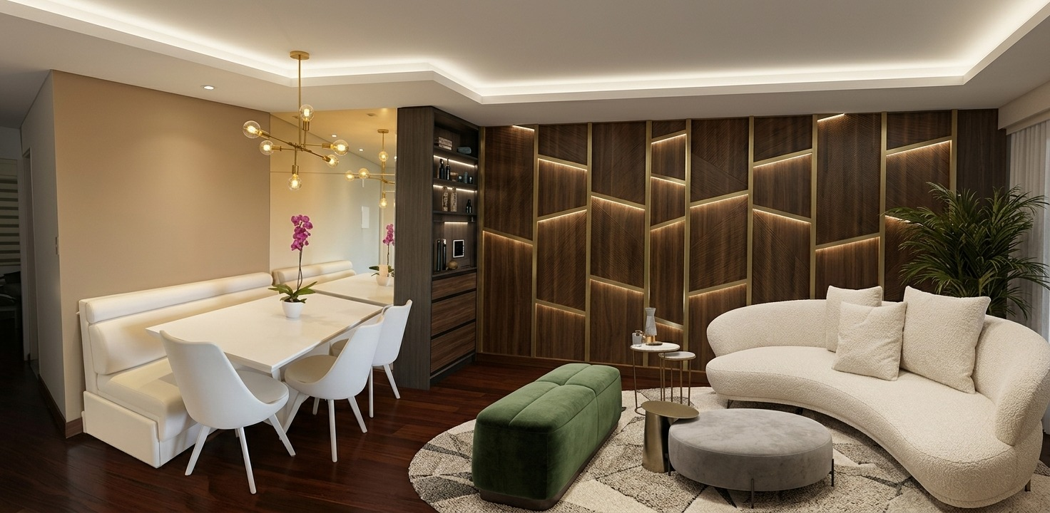 Sala y comedor con muro de madera, sofá curvo y otomana verde