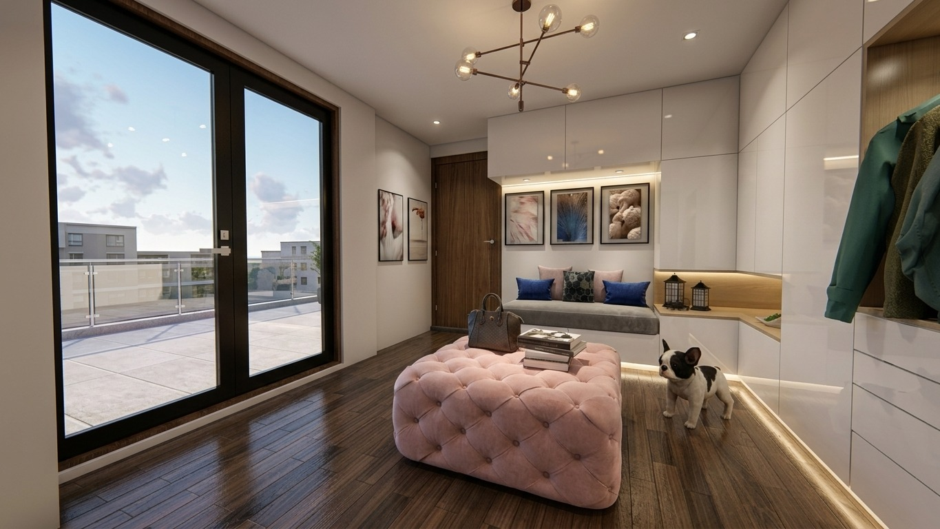Dormitorio y vestidor con mobiliario blanco, otomana rosa y terraza