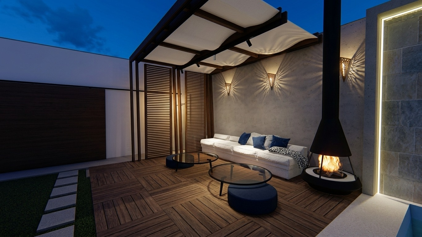 Terraza exterior al anochecer con pérgola, chimenea y madera