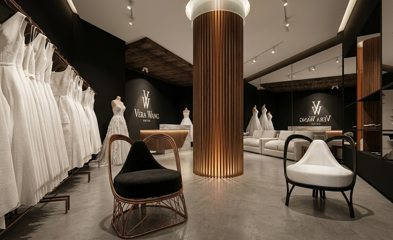 Interior comercial en negro, blanco y madera con columna estriada