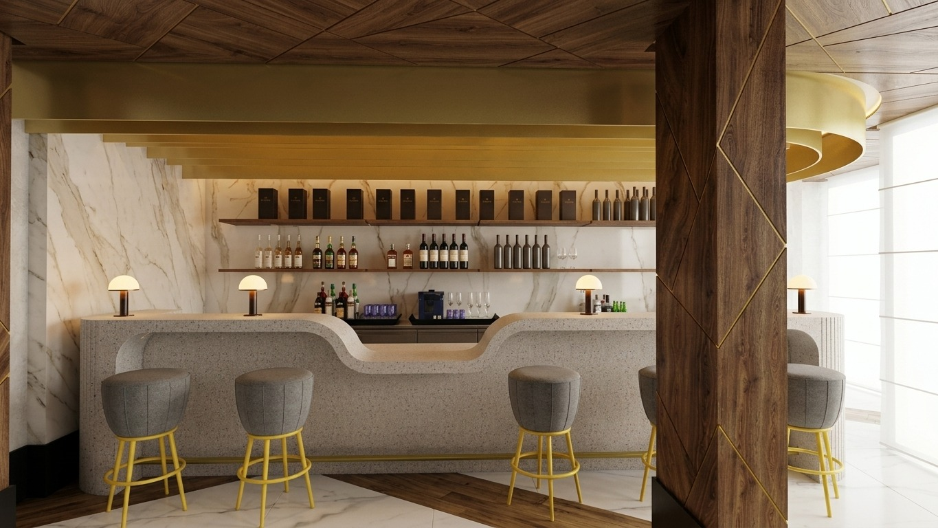 Interior comercial con barra curva de piedra, mármol y madera