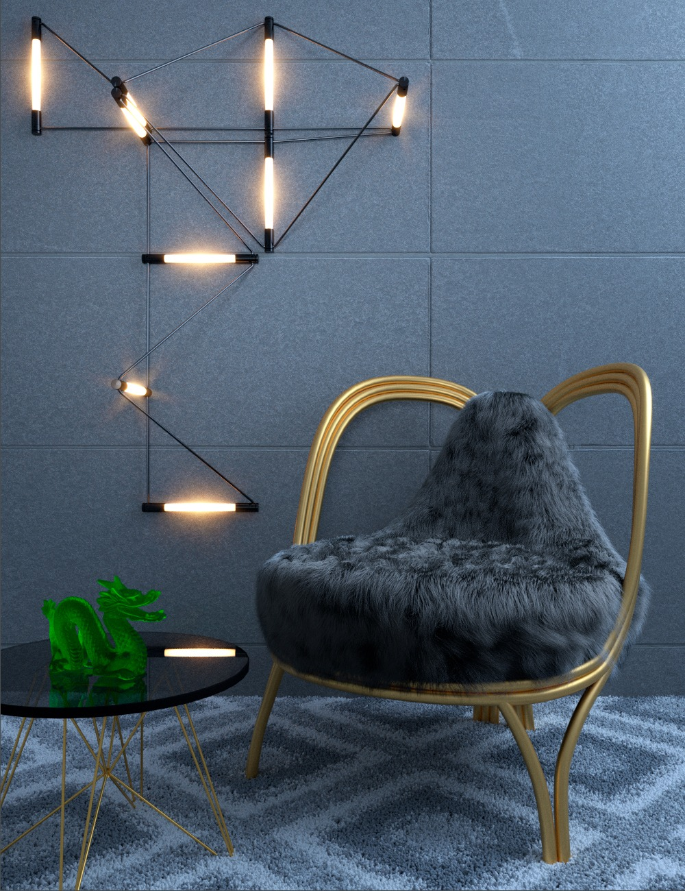 Sillón escultórico negro con estructura metálica dorada