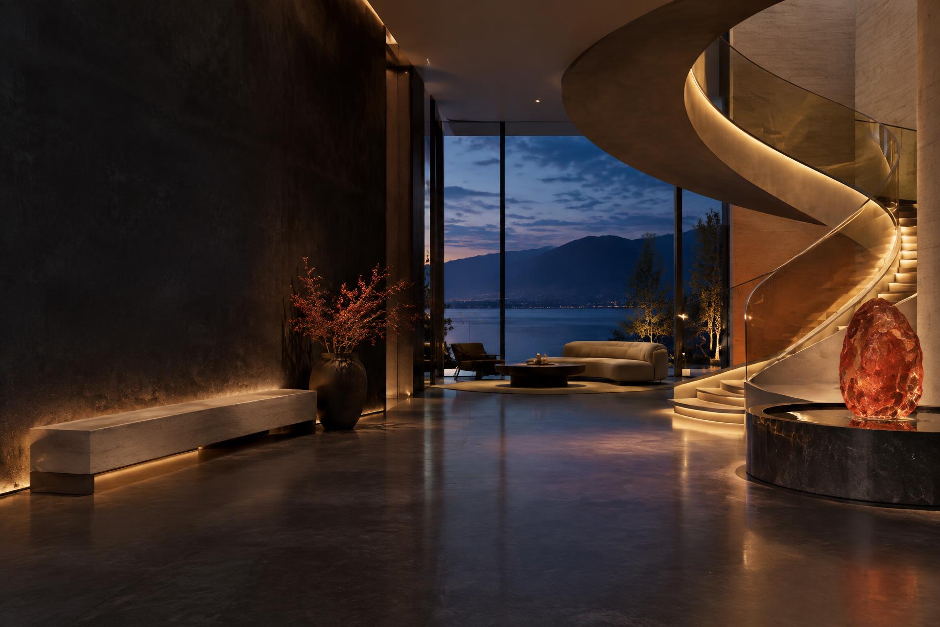 Interior contemporáneo al anochecer, imagen atmosférica