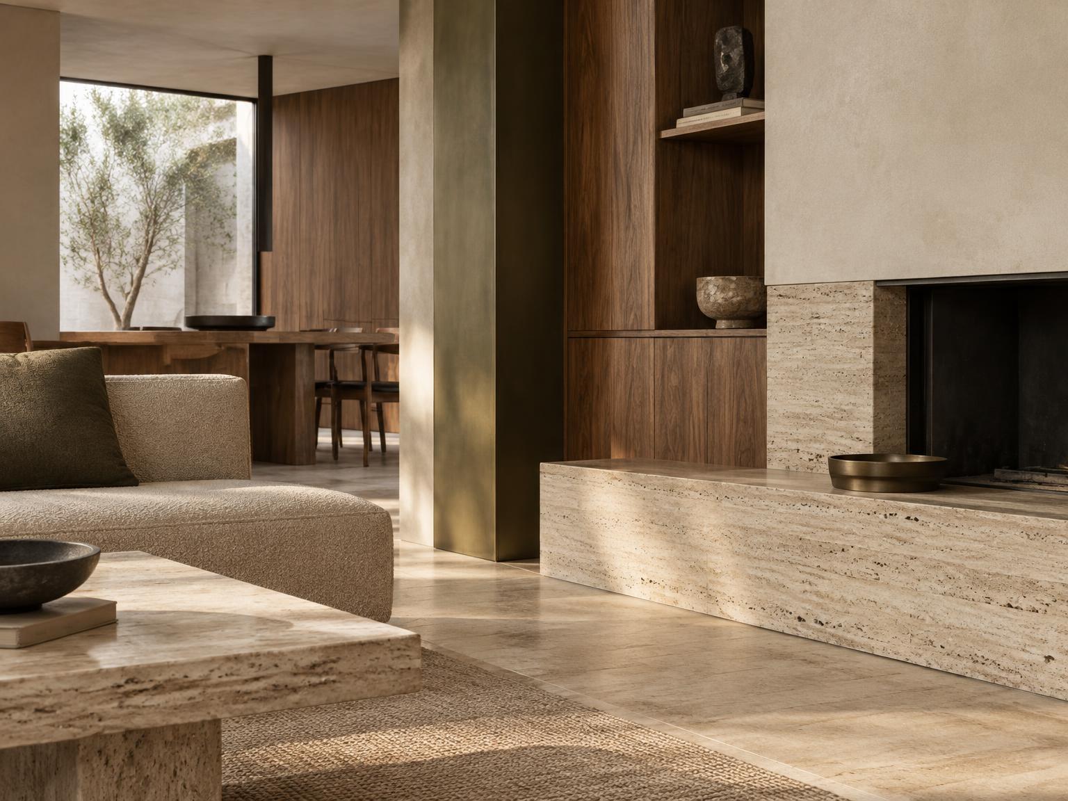 Detalle conceptual de piedra, madera, metal y textiles naturales