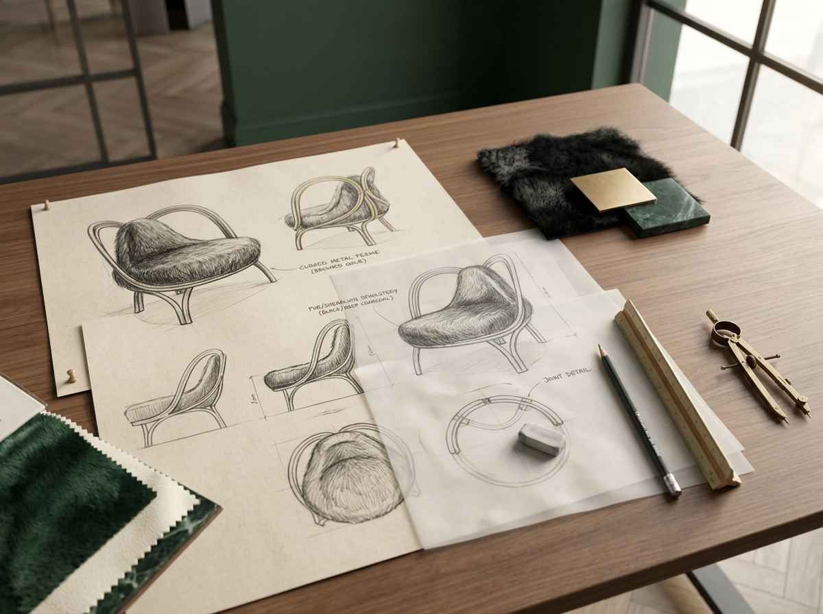 Visualización conceptual de bocetos y materiales del sillón escultórico